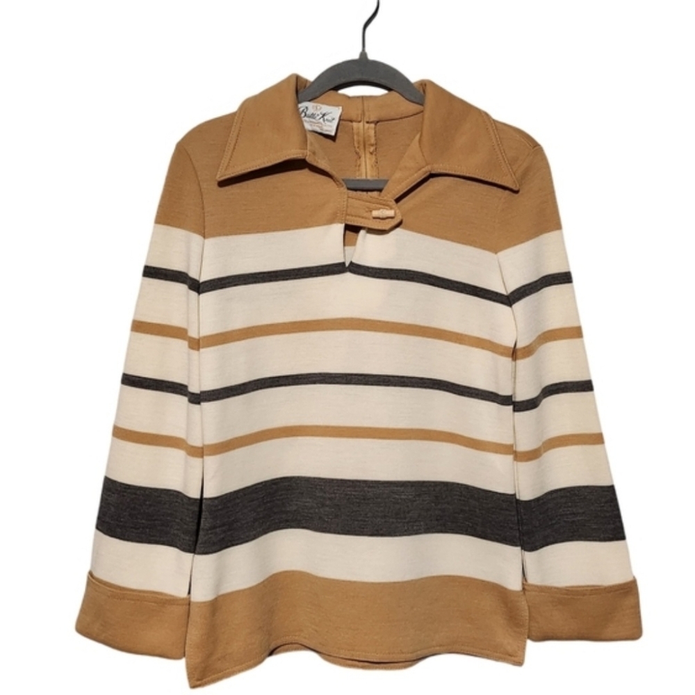 BUTTE KNIT Womens Small Striped Wool Blend Collared Sweater Neutral Vintage 70s - Picture 2 of 14